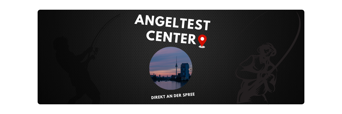 Banner auf dem an jeweils einem Rand die Umrisse von zwei Anglern zu sehen sind in der Mitte ein Bild von der Spree es geht um ein Angeltestcenter direkt an der Spree