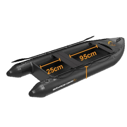 Aufblasbares Savage Gear E-Rider Angelkajak mit hohem Sitz und Heckspiegel mit Bemaßung