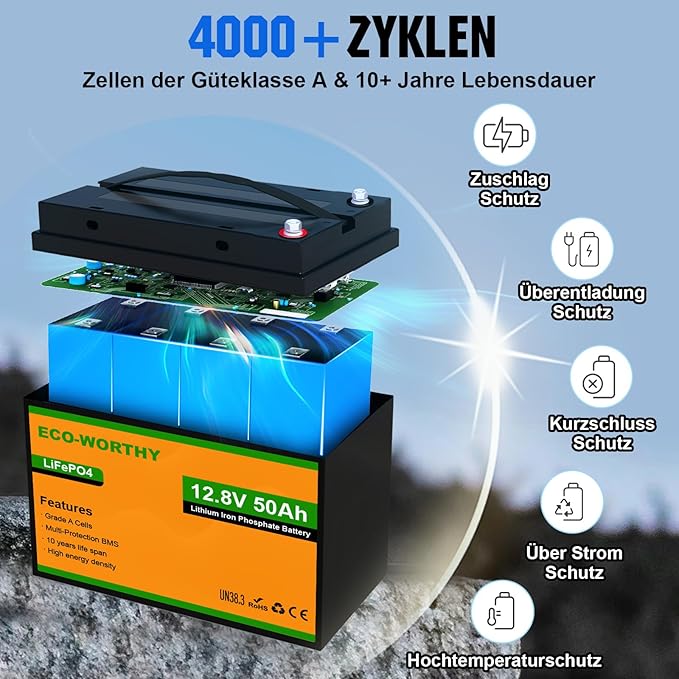 ECO-WORTHY LiFePO4 Batterie 12V 100Ah mit BMS für Elektro-Außenborder
